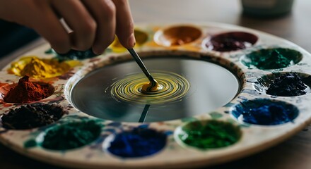 Artist blending yellow paint on a palette with various colors.