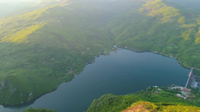 Aerial view of Banjska Stena Viewpoint, one of the most famous lookouts in Serbia, offering breathtaking panoramas over Lake Perućac and the Drina River canyon in Tara National Park