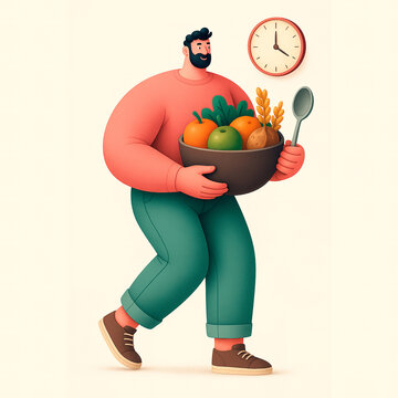 A man carries a bowl of fresh produce, symbolizing mindful eating and balanced lifestyle through food and time. Generated AI.