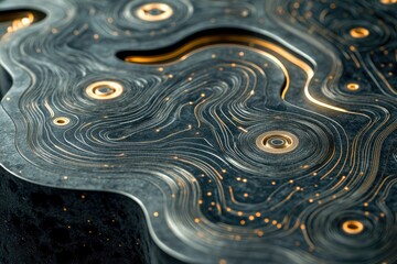 Abstract dark textured surface with glowing golden lines creating a topographic map-like pattern.