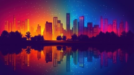 Fototapeta premium Vibrant City Skyline Reflected on Water with Colorful Night Sky