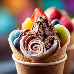 Delicious Rolled Ice Cream with Fresh Fruit and Chocolate in a Paper Cup