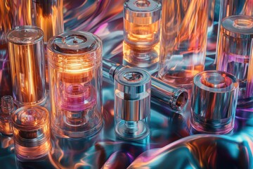 Close-up of glowing, transparent cylindrical objects with metallic accents, set against a vibrant, iridescent background.