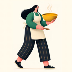 A woman in an apron walks while holding a steaming bowl of soup and a spoon.