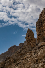 Oman, 03-06-2025: peak and rocks formations on the road to Jebel Al Harim (Jabal Al Harim), the highest mountain (2,087&nbsp;metres), located in the  Hajar Mountains range, of the Musandam Peninsula