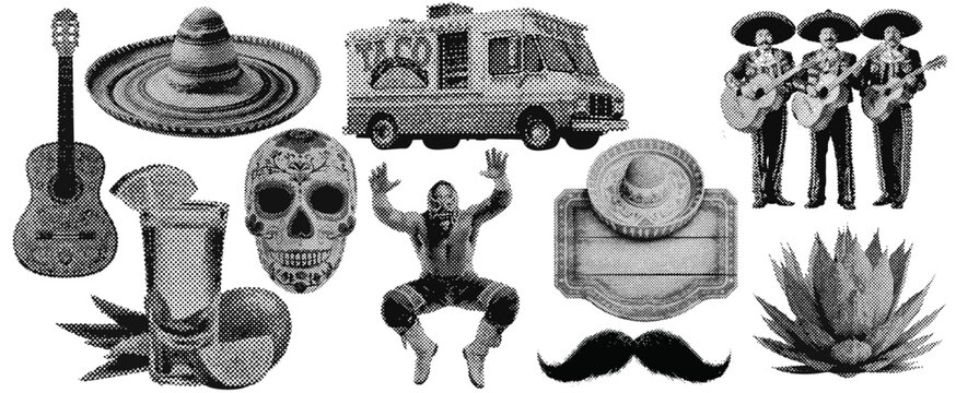 Set of mexican cinco de mayo halftone grunge vector design elements