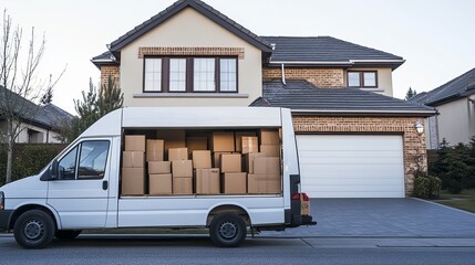 Moving Van Packed with Cardboard Boxes in Front of a New House Residential Relocation Moving Day Home Delivery Service truck cargo