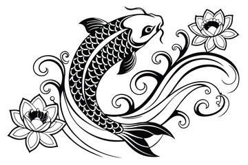 66 Intricate black and white illustration, koi fish, lotus flowers, swirling waves, Japanese-inspired design, ornate patterns, flowing lines, detailed scales, underwater motif, floral elements, organi