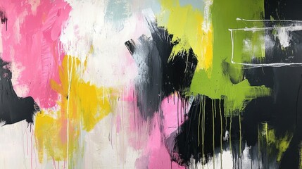 Fototapeta premium This vibrant mural showcases bold splashes of pink, yellow, green, and black, creating an energetic and abstract composition that captivates viewers