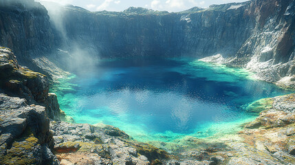 Stunning aerial view of a pristine blue lake within a mountainous crater landscape.