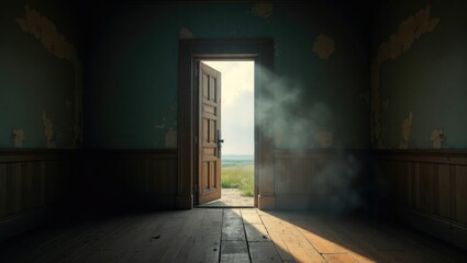 Obraz premium Open Door with Light Rays – Hopeful Light in Dark Room Symbolizing Transition or Freedom