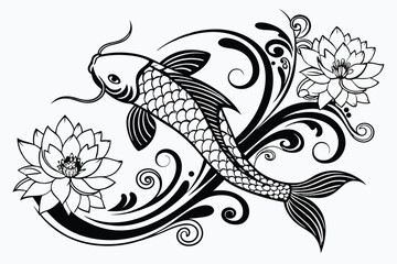 66 Intricate black and white illustration, koi fish, lotus flowers, swirling waves, Japanese-inspired design, ornate patterns, flowing lines, detailed scales, underwater motif, floral elements, organi