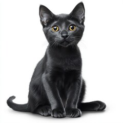 Cute black kitten, alert and inquisitive.  Looking directly at viewer