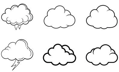 A collection of six different cloud illustrations in a simple black and white comic book style for graphic design