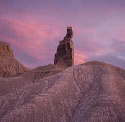 Wonderful pink sunrise over a strange rock formation, in Utah, USA