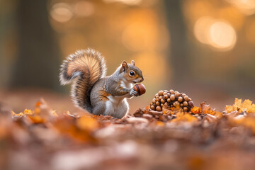 Obraz premium Squirrel gathers acorns in a colorful forest during autumn season