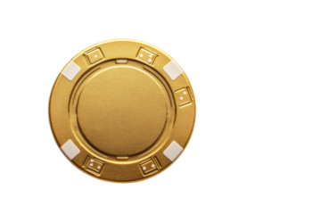 Golden poker chip with white accents for casino games, cut out - stock png.