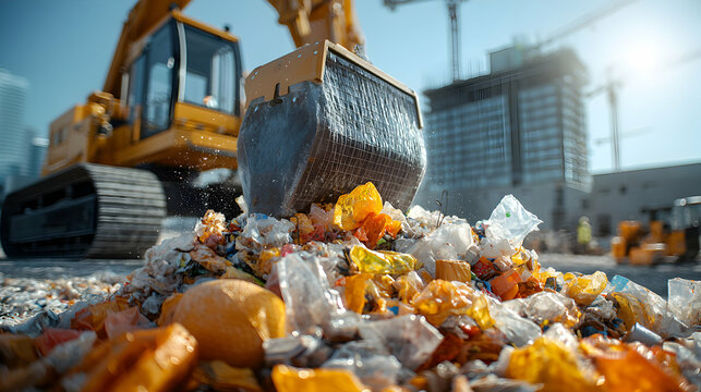 An excavator moves plastic waste on a construction site illustrating environmental challenges and modern waste management solutions in urban development. Ideal for sustainability reports. - Powered by Adobe