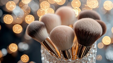 Makeup brushes in a glass container, festive background