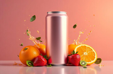 Pink aluminum can with fruits on pink background. Refreshing fruit drink in a can. Juice in an aluminum can. Aluminum can mockup without label and text with fruits.