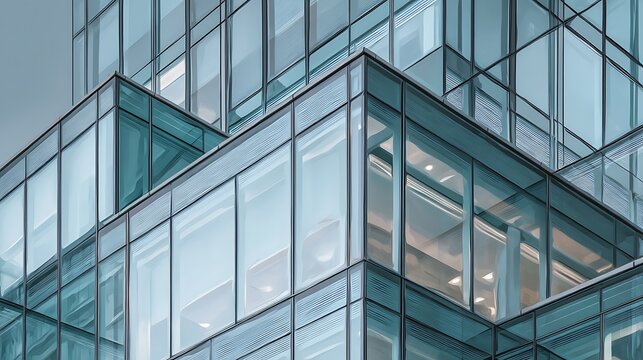 A close up view of the exterior of a modern building with glass windows and metal framing details