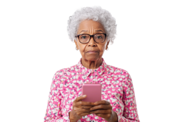 Elderly african female using smartphone in floral shirt, cut out - stock png.