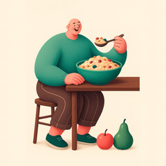 A smiling man enjoys cereal at a table with an apple and pear on the floor nearby. Generated AI.