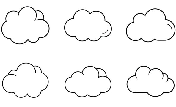 Collection of simple black and white cloud illustrations for design weather and climate concepts.