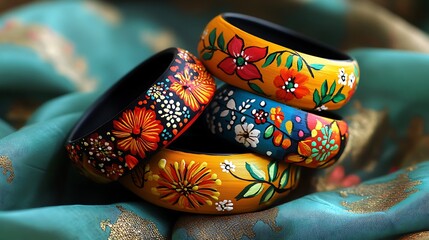 Stack Of Hand Painted Floral Bangles On Turquoise Silk Fabric High Resolution Images
