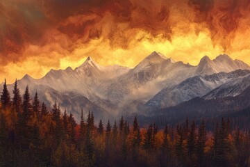 Obraz premium Majestic mountain range at sunset, fiery clouds illuminate snow-capped peaks and autumnal forest.