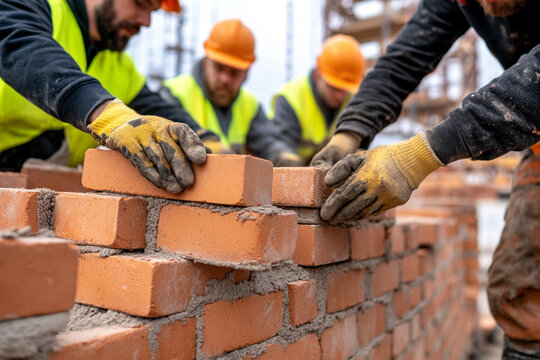 Team of workers lay bricks for a wall on construction site during daylight hours with focus on teamwork and craftsmanship