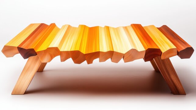A creatively designed wood table features a vibrant, wavy pattern with warm tones, blending functionality and artistic style, making it a stunning centerpiece for modern interiors.