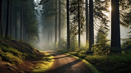 Obraz premium Forest trail through foggy mountains