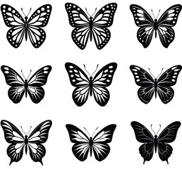 Elegant black and white butterfly silhouettes featuring various wing patterns on a clean white background