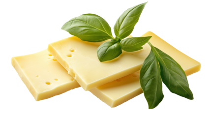 A yellow Swiss cheese features smooth, pale yellow surface with distinct holes scattered throughout isolated on white background or transparent png
