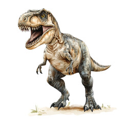 Obraz premium Ferocious tyrannosaurus rex with open mouth in prehistoric landscape, cut out - stock png.