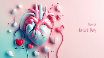 Anatomical heart shape and stethoscope on pink background. World Heart Day