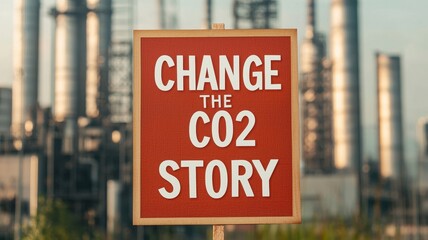 Climate change action with carbon awareness idea. Change the CO2 story sign in an industrial setting.