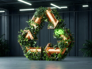 A large botanical recycling symbol glows in an industrial setting promoting environmental consciousness and sustainable practices. Ideal for eco-friendly campaigns.