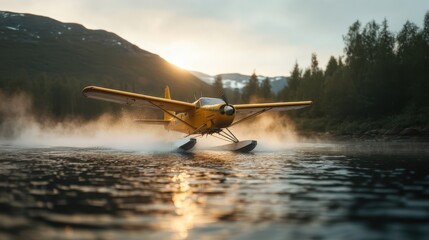 A vibrant yellow seaplane takes flight over tranquil water during sunset, showcasing adventure and freedom in nature's mesmerizing landscape.