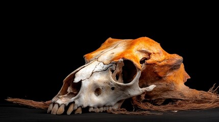 An intriguing skull specimen set against a stark black backdrop, showcasing the natural textures and colors, emphasizing the beauty found in the macabre and the unusual.
