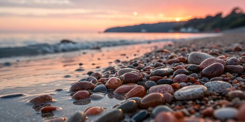 Smooth Sea Stones at Sunset on a Calm Ocean Beach