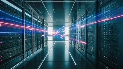 Transmission of digital information over a network between computing servers and a big data storage in a data center server room - Powered by Adobe