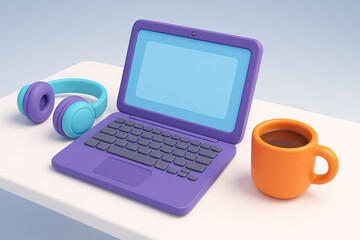 Fototapeta premium Modern Workspace with Laptop and Headphones on Minimalist Desk Surface. Concept of Remote Work, Digital Communication, Productivity, Tech Gadget, Efficient Office Setup, Simple Design.
