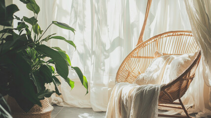 Cozy boho-style eco interior with rattan hanging chair and lush green plant by sunlit window. Concept of relaxation, natural decor, modern comfort, peaceful atmosphere, reading nook