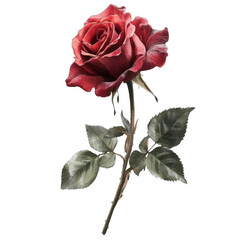 Detailed single red rose with green leaves close-up, cut out - stock png.