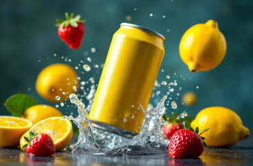 Aluminum yellow can of citrus drink. Lemon strawberry drink in a can on a background of splashes and splatters. Flying yellow can with a soft drink on a background of fruits.
