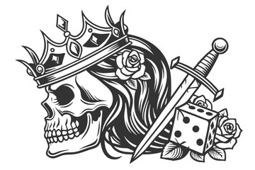 69 Dark gothic heart composition, crowned skull, Day of the Dead female face, roses, dice, dagger, skeletal hands, intricate details, monochrome tattoo style, symmetrical design, ornate crown, flowing
