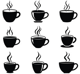 Obraz premium Set of nine vector icons depicting steaming coffee cups in simple black and white silhouette style