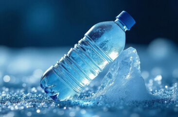 Drinking water in a bottle on ice. Mineral water in blue tones. Plastic transparent bottle of ice water.